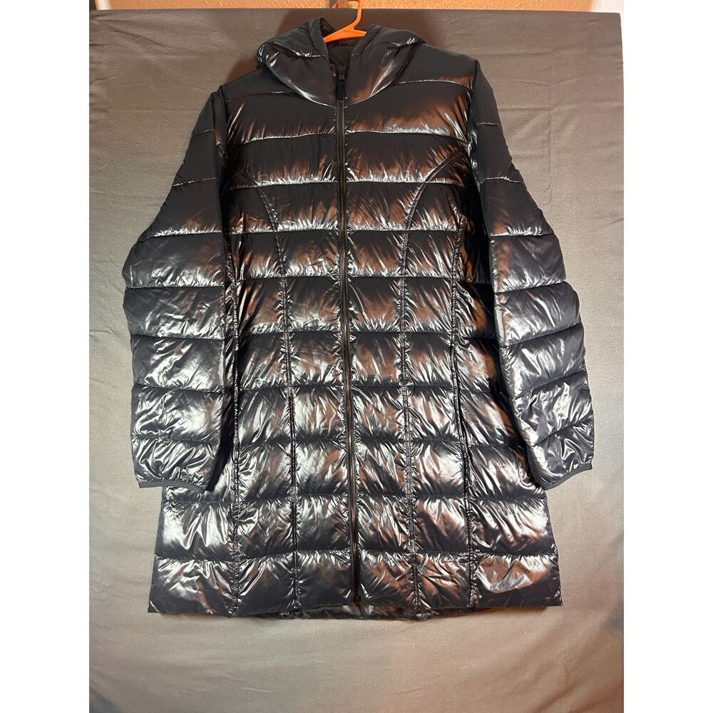 Aventure Womens XL Black Shiny Quilted Hooded Long Puffer Coat Jacket Longline
